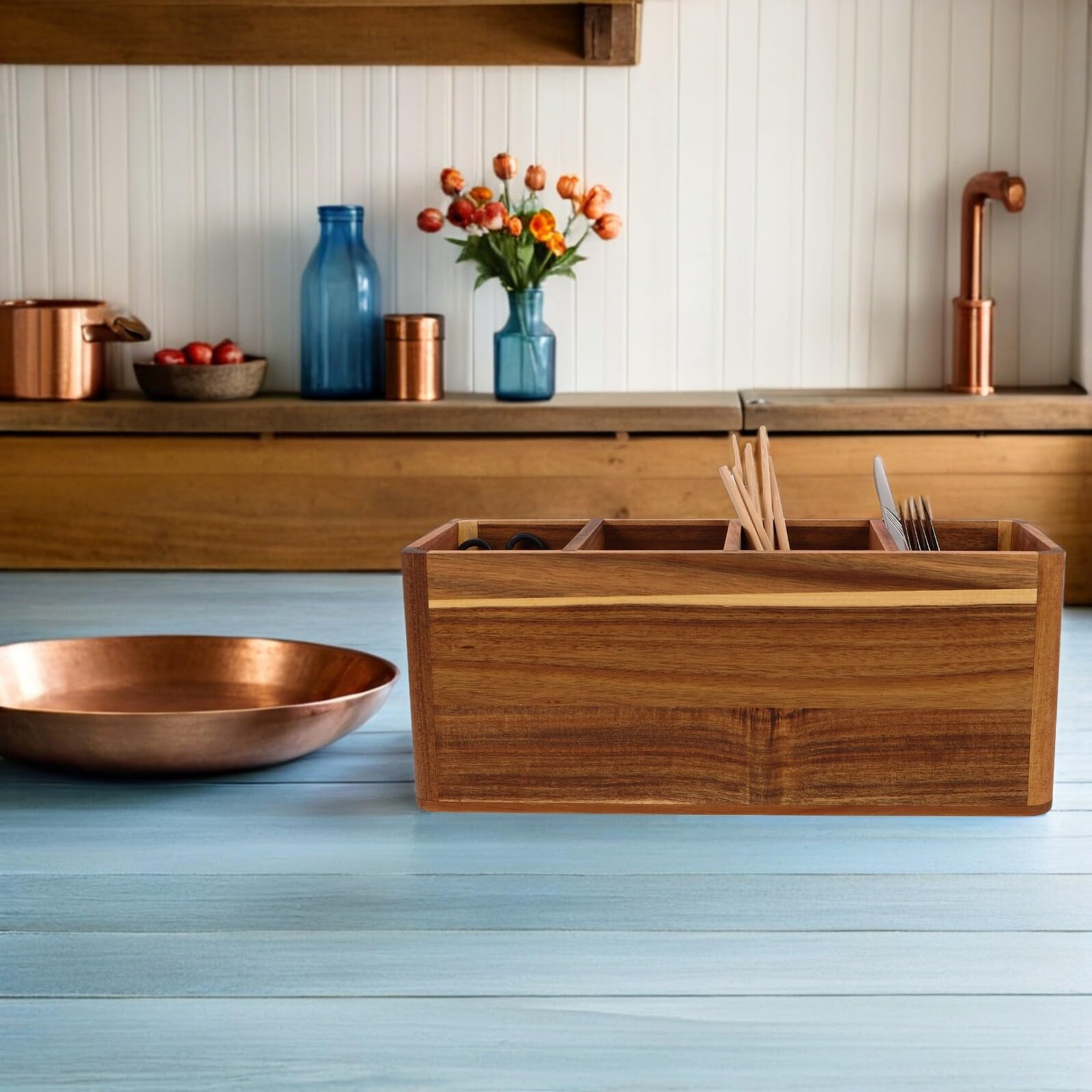 Gatuida Porte-Ustensiles Cuisine en Bois Massif à 4 Compartiments Organiseur d'Ustensiles Cuisine Rustique pour Plan de Travail Boîte de Rangement Compacte pour Couverts et Cuillères
