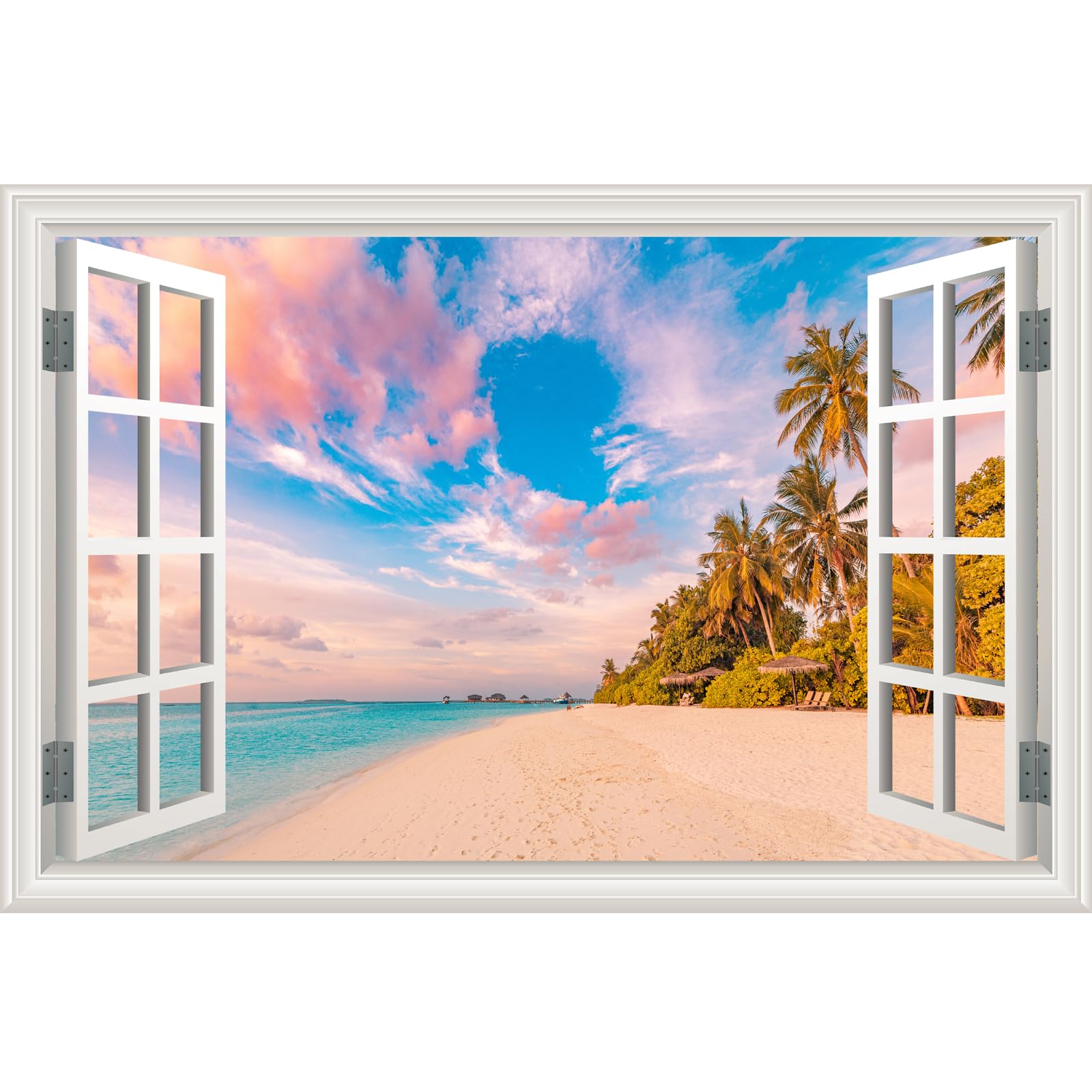 Fake Window Wall Decal Sunset Beach Ocean Palm Trees Faux Window Poster Picture Open Art Decor Sticker, Stick and Peel Seascape Landscape Natural Scenery Scene Mural (48"x 32" Set of 2 Sheets)