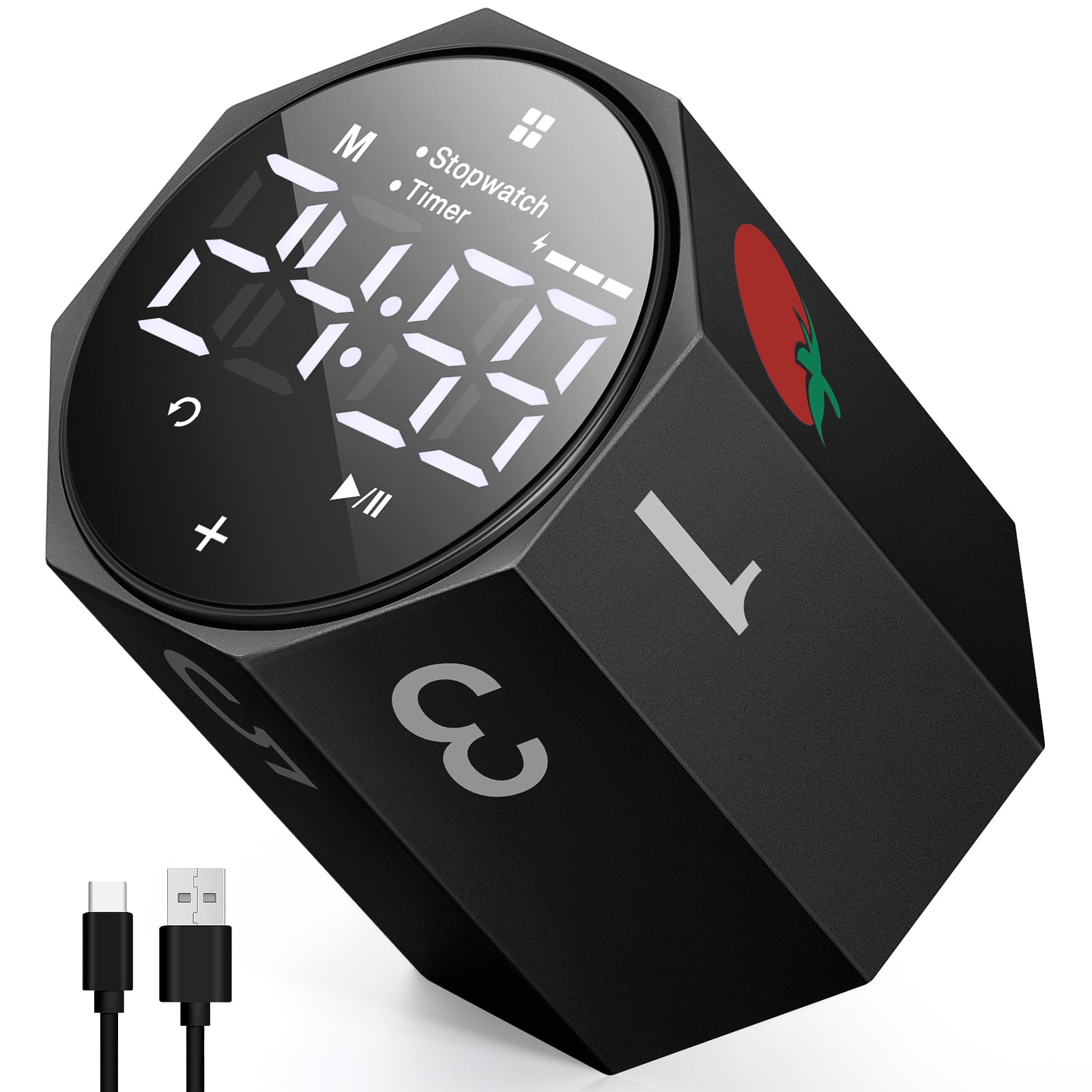 Digital Pomodoro Timer,Frosted Metal Productivity Octagon Timer,1.8in LED Digital Large Screen and Auto-Rotating Display,1/3/5/10/25/30/60min & Custom Time,Silent & Alarm,for Office,Study,Work(Black)