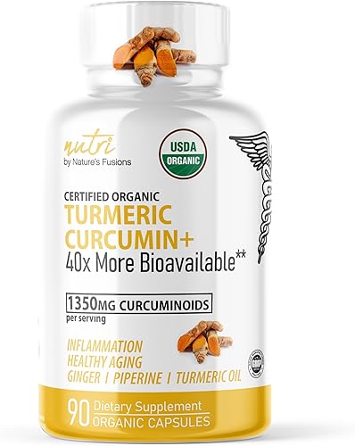 Nutri Suplemento orgánico de cúrcuma de 1425 mg  40 veces más biodisponible  95% curcuminoides  Curcumina de cúrcuma con pimienta negra, jengibre y