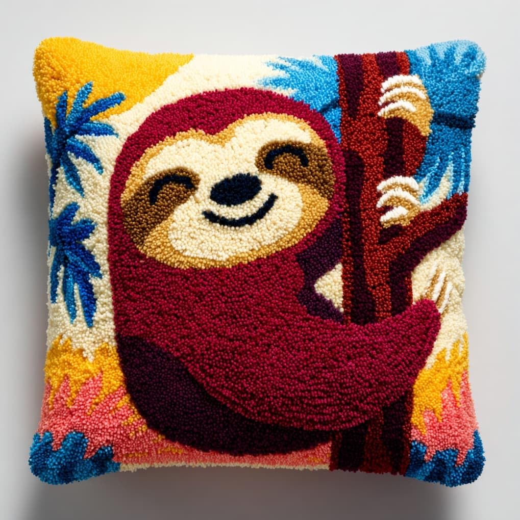 WallustrioaW Latch Hook Kit Cushion Latch Hook Kit,Sloth,Sofa Cushion Cover Embroidery Craft for Adults and Beginners,17x17in