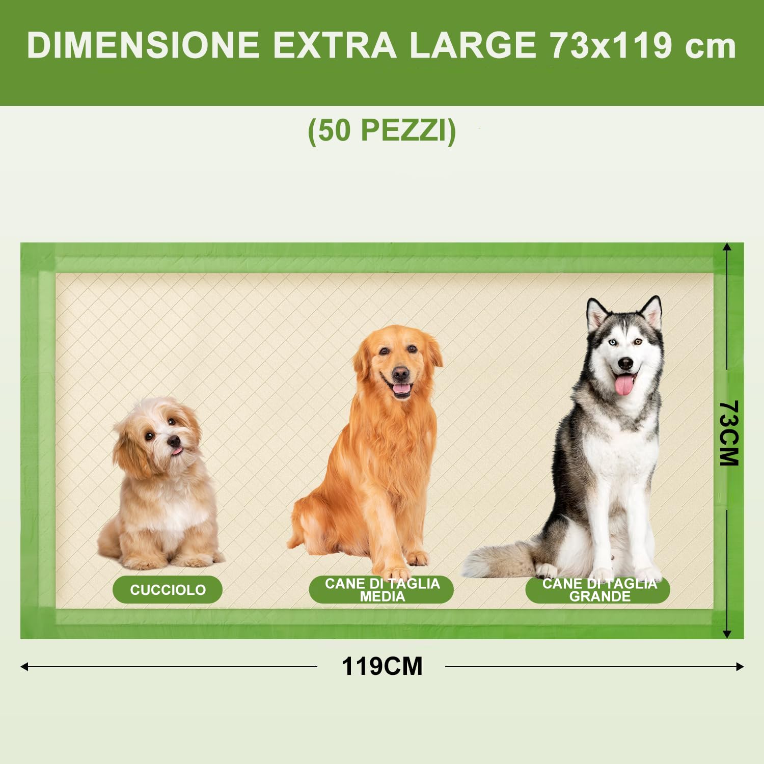 Gardner Pet Extra XLarge Traversine Cani 73x119 cm, Super Assorbente Tappetini Cane, Asciugatura Rapida Tappetini Igienici per Cani, A prova di Perdite, Verde (50 Pezzi)