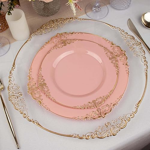 Efavormart - Paquete de 10 platos redondos de plástico para ensalada de postre de 8 pulgadas, color rosa polvorientodorado, vajilla desechable con