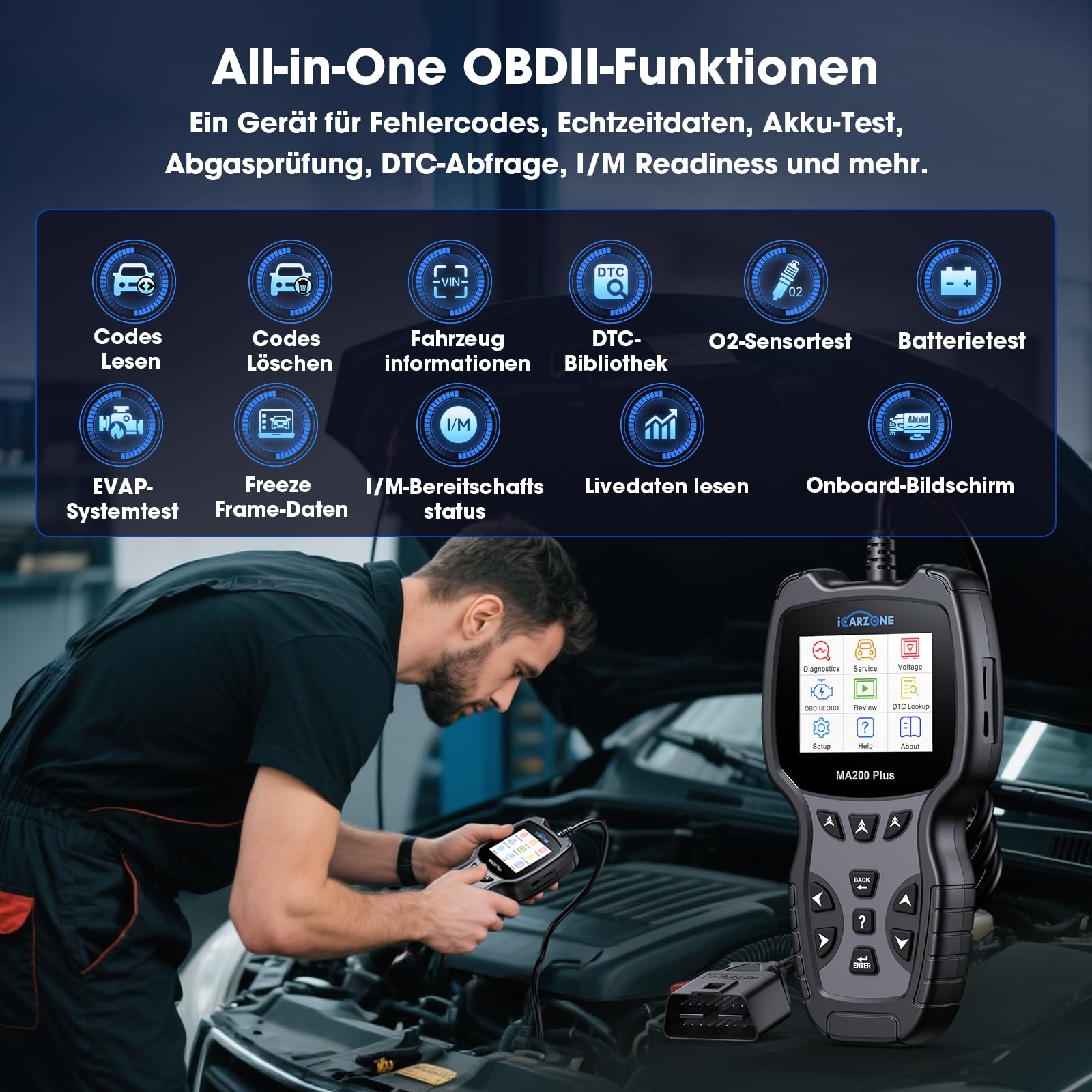 MA200 Plus OBD2 Diagnosegerät für Alle Fahrzeuge, Auslesegerät Auto mit Alle Systemdiagnosen, 6 Resets KFZ Diagnosegerät, Öl/EPB/SAS/TPMS/DPF/BMS, Vollständigen OBDII, Lebenslange Updates