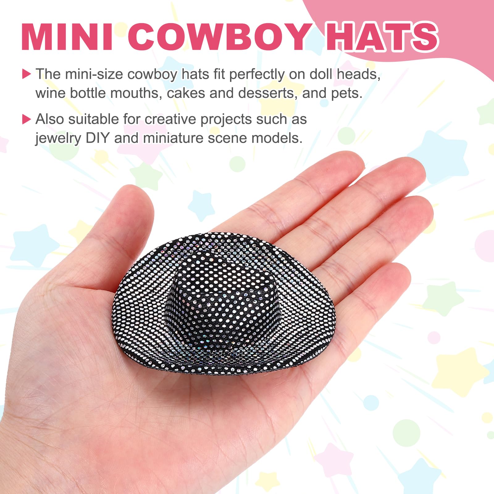 PATIKIL Mini Cowboy Hats, 8 Pcs Miniature Western Cowboy Hat for Crafts Party Decoration, Doll Pet Dress Up, Glitter Dot Style, Black - Image 3