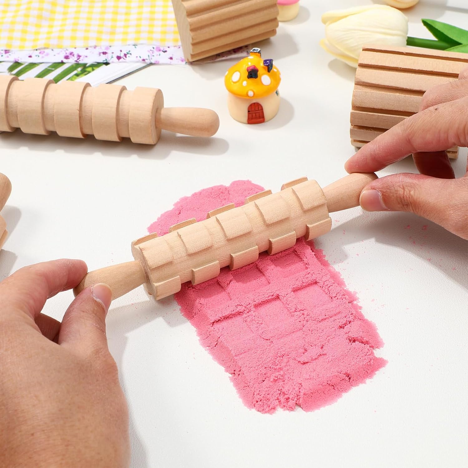 NUOBESTY Wooden Clay Tools Kids Wood Stamps Hand Rollers Plasticine Tools Pottery Molding Clay Accessories for Art DIY Crafts Activities 12pcs