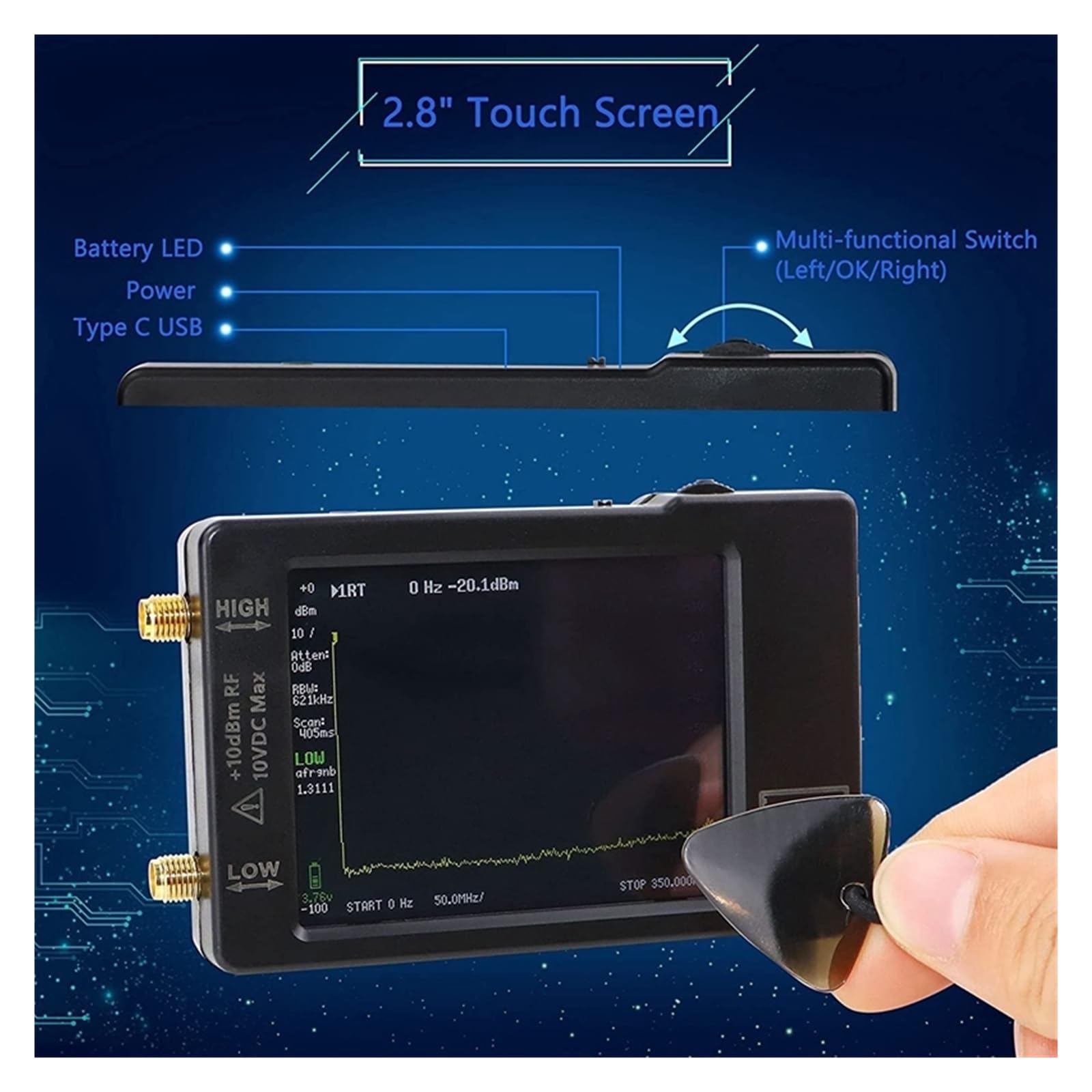 Analizador de espectro, Analizador de espectro de mano 2,8" exhibición 100kHz a 960MHz con la versión protegida del ESD,Medición de precisión