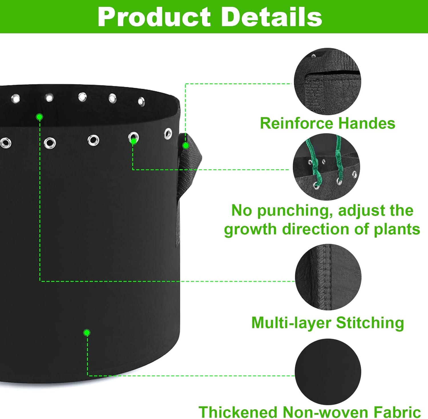 5 Gallon Plant Grow Bags 5-Packs with Holes,Thichkened Non-Woven Aeration Fabric Pots with Handles - Reinforced Weight Capacity - Image 2