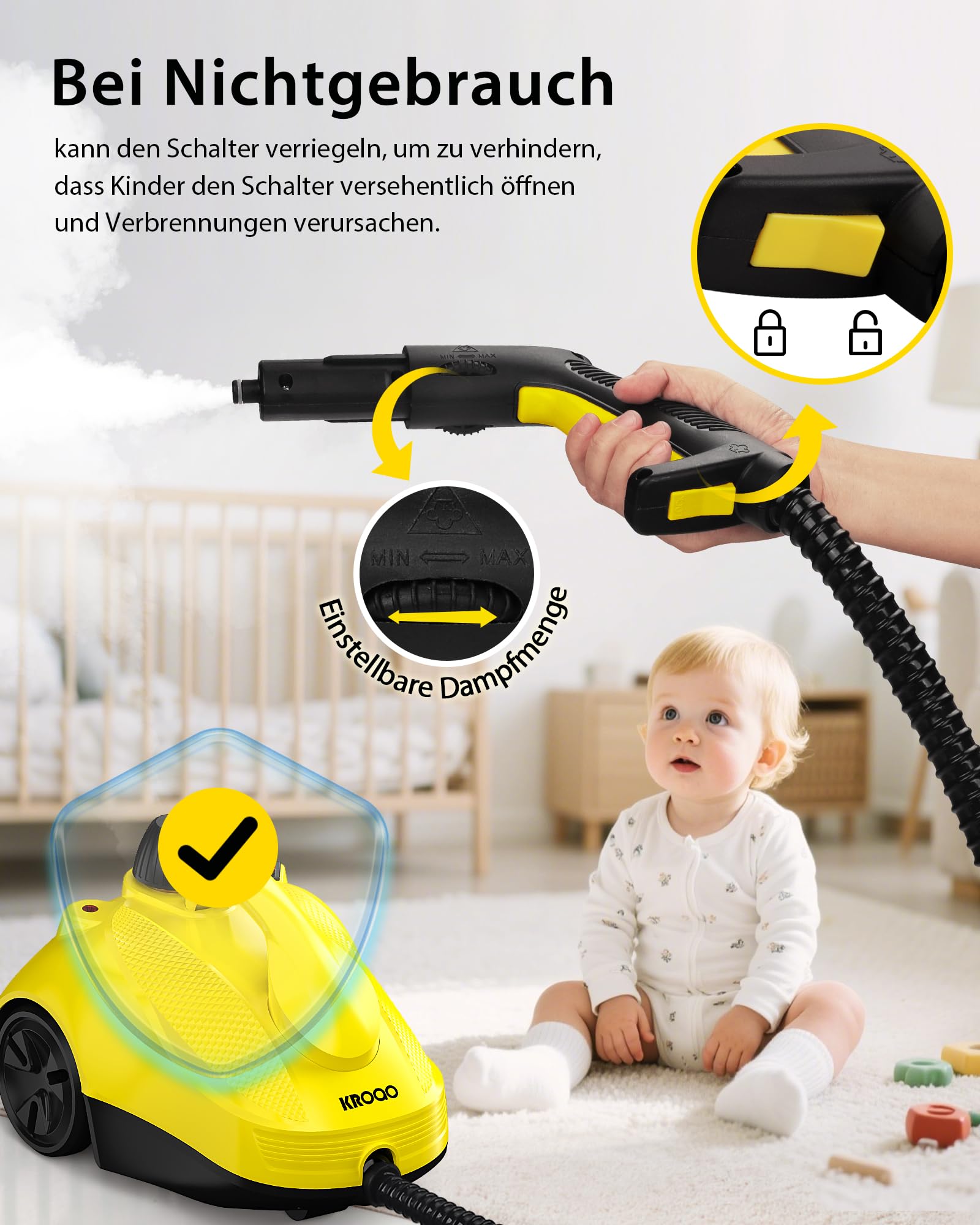 Dampfreiniger mit 23 Zubehörteilen und 5 Meter Netzkabel für die Reinigung von Öfen, Teppichen, Sofas, Polstern, Spielzeug und glatten Böden.