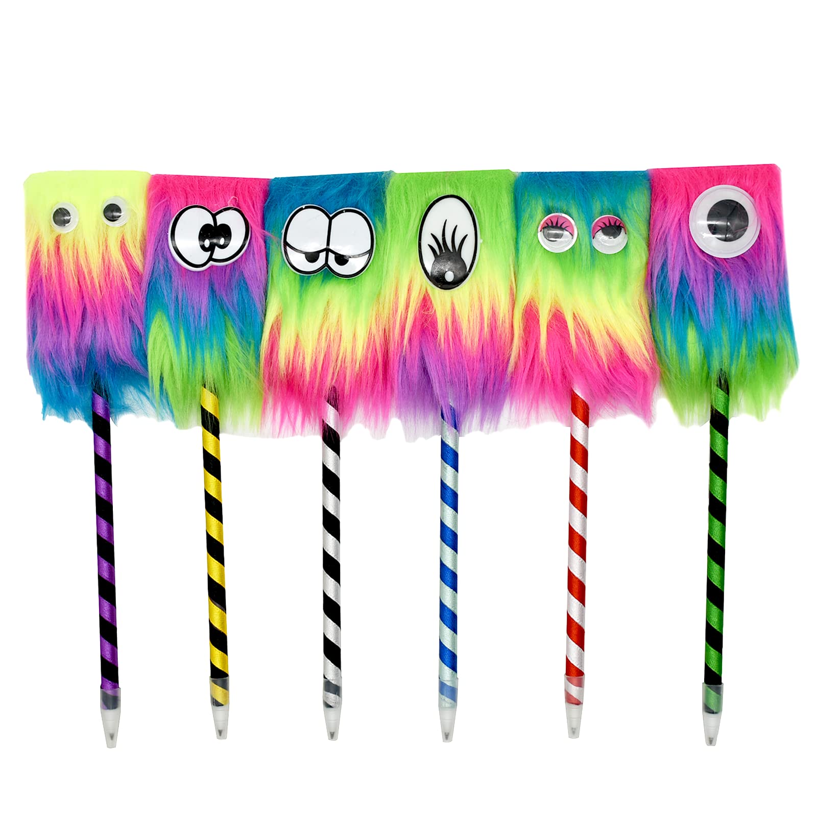 Lopenle 6PCS Rainbow Fluffy Pens Novelty Monster Pens Plush Ballpoint Pen Blue Ink For Office Birthday Carnival Party Favor Supply