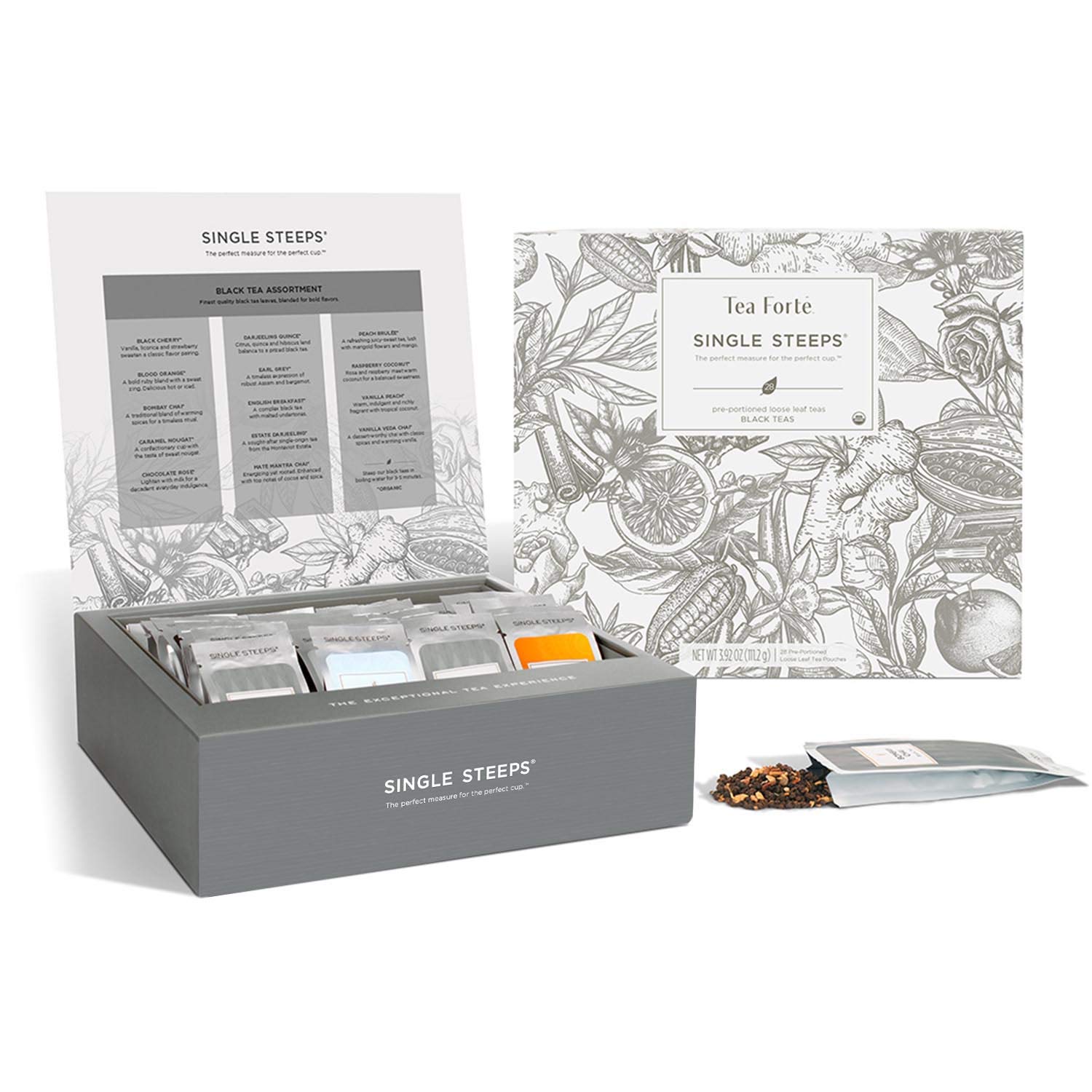Tea Forte Organic Black Teas Single Steeps Tea Chest Variety Gift Box, Loose Tea Sampler with 28 Assorted Teas
