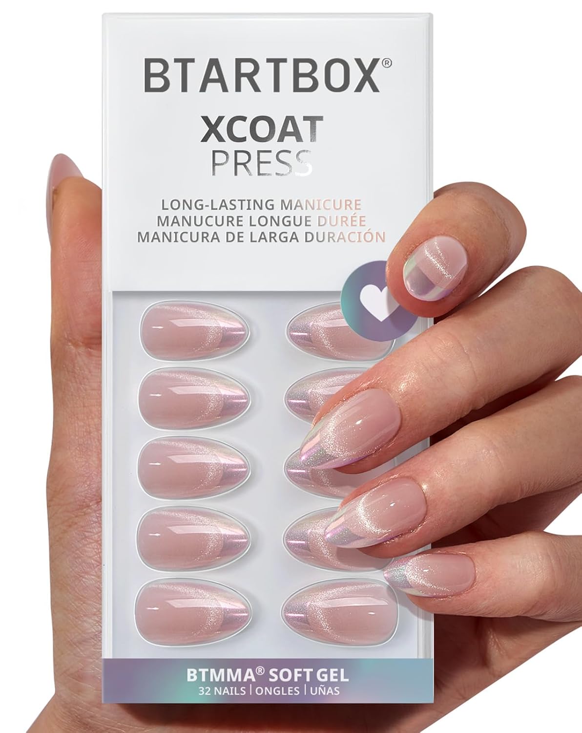 BTArtbox Press On Nails Almond - Diamond Dust, Lamp-Curable Cat Eye Chrome French Tip Short Press On Nails with Glue and Adhesive Tabs for Women in 16 Sizes - 32 Soft Gel Glue On Nails Kit