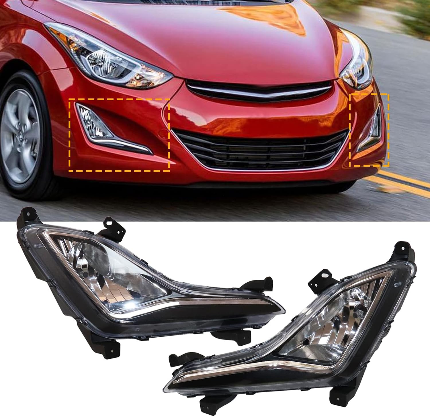 Fog Lights Assembly, Pair Left+Right Side for 2014 2015 2016 Hyundai Elantra GT, Halogen Fog Lamp Set, 92201-3X210/92202-3X210, Left+Right, Clear Lens, Driver+Passenger Side, L4 1.8L/2.0L