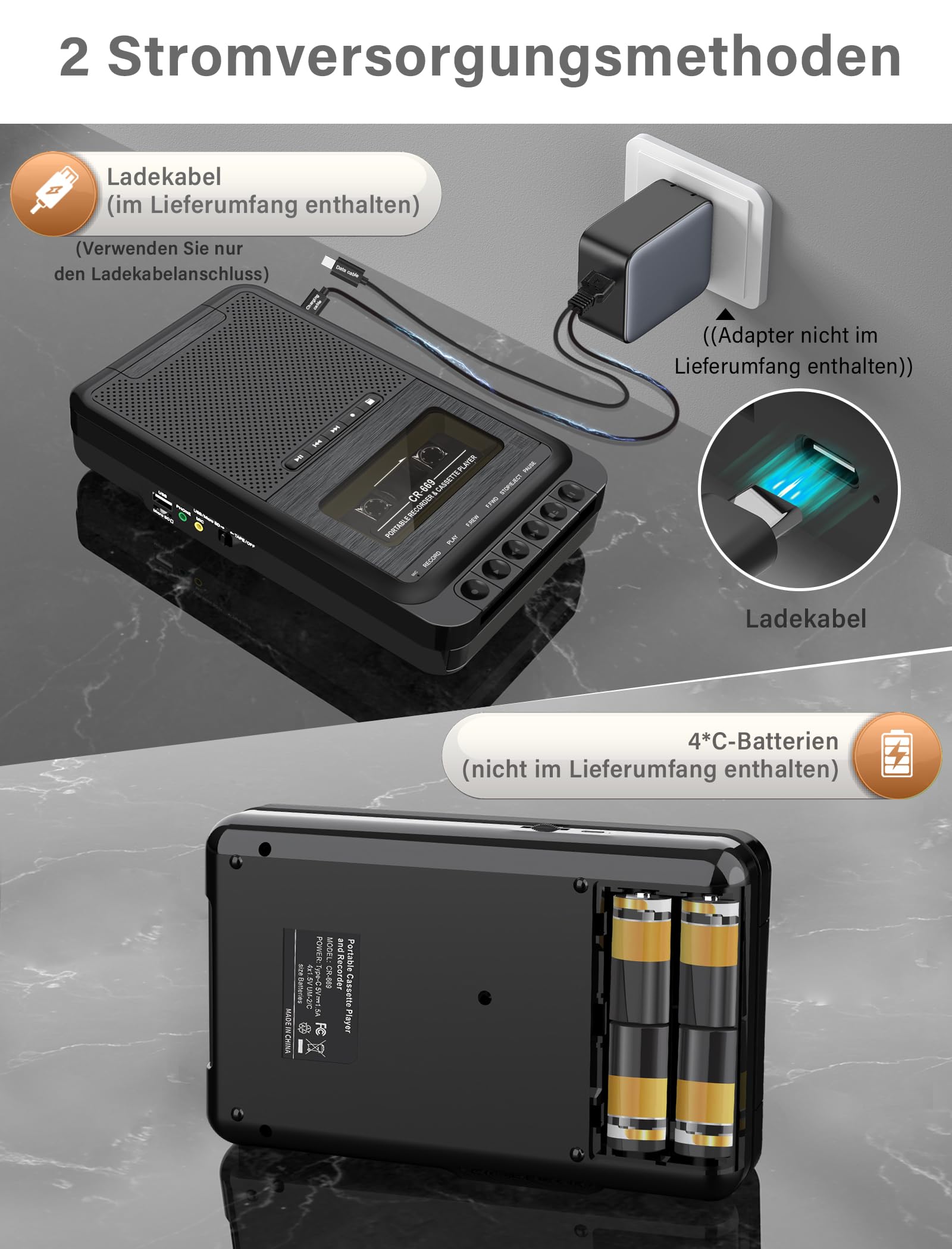 Lettore a cassette portatile con registrazione USB/SD e MP3, nero