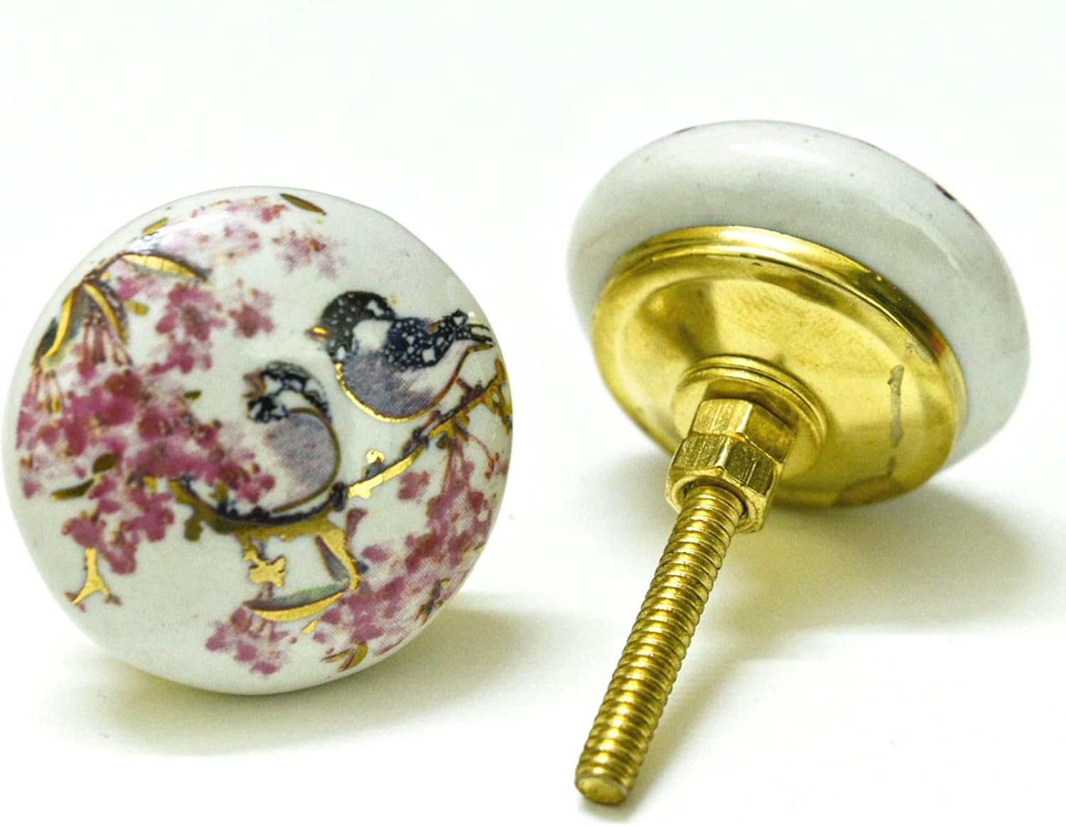 Printed Ceramic Knobs - Set of 10 Bird Print Ceramic Knobs for Kitchen Cabinet Drawer | Decorative Cupboard Door & Wardrobe Drawer Pulls Furniture Hardware Handle (1.5-inch Diameter) (Pink)