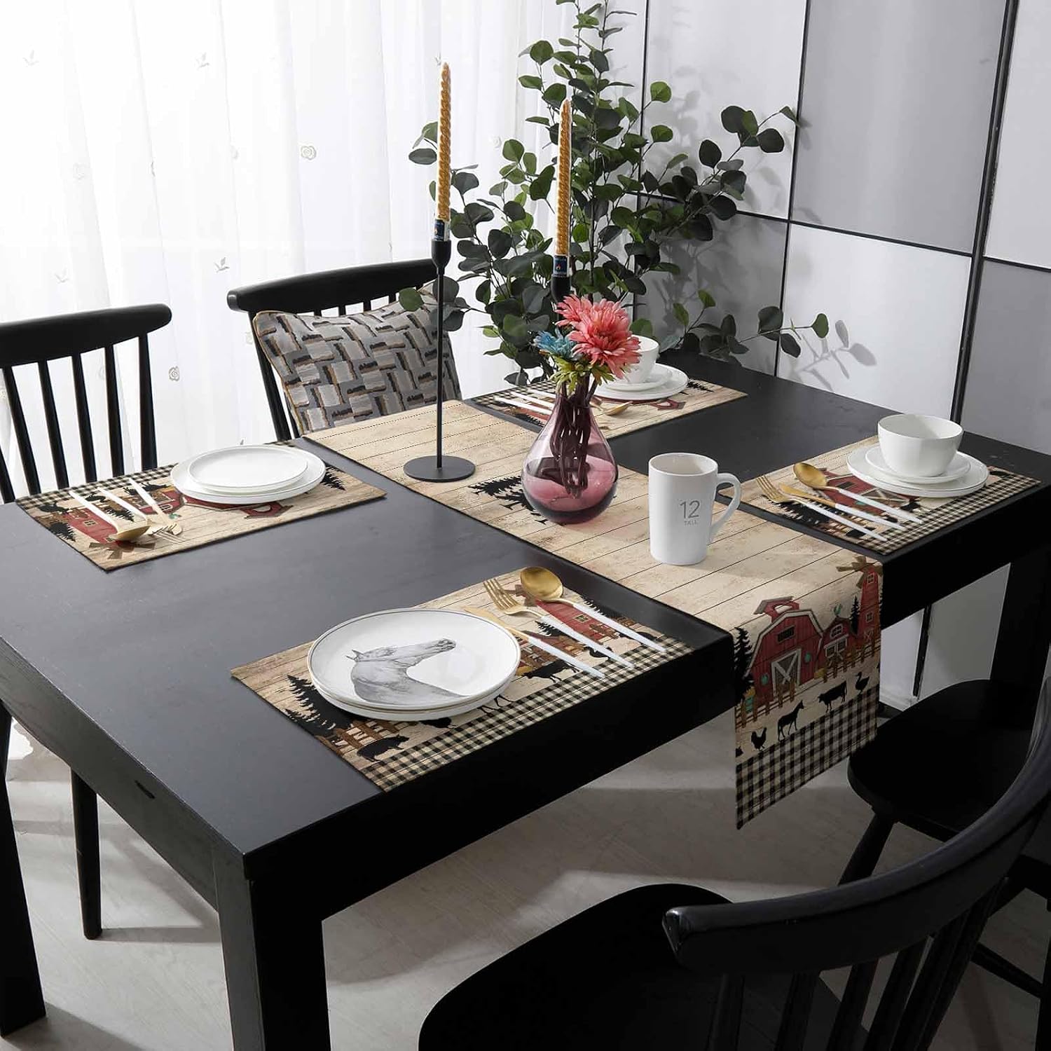 Brown Farmhouse Table Runner with Placemats Set of 4, Cotton Linen Kitchen Dining Mats Long Tablerunner 13"x70" Vintage Country Animals Wood Grain Plaid Table Mats Set for Living Room/Dresser/Dining