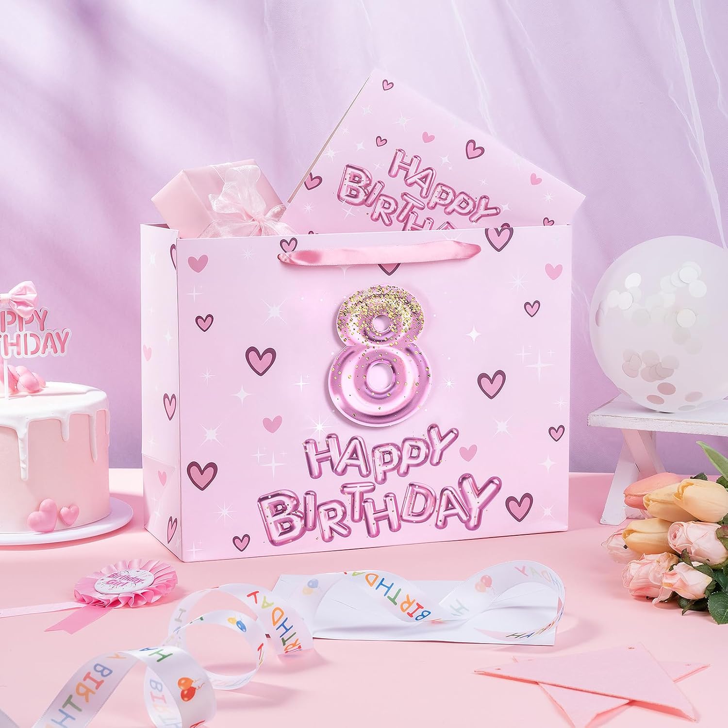 Loveinside 8th Birthday Gift Bag for Girls, Pink 3D Number 8 Balloons and Hearts Design, Medium Size Bag with Tissue Paper, Tag, Greeting Card, Ideal for Birthday Celebration, 10" x 5" x 13", 1 Pcs image 5