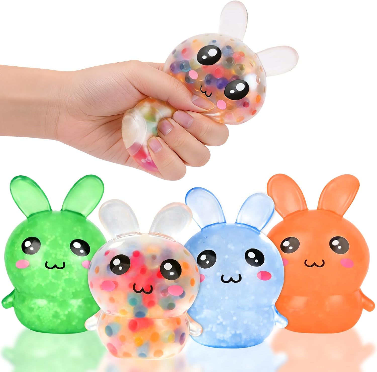 Easter Basket Stuffers – 4 Pack Bunny Squishy Stress Balls for Kids and Adults, Non-Candy Easter Gifts, Silicone Easter Basket Toys & Egg Fillers