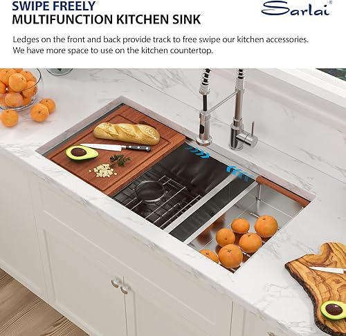 Vista 80 de Sarlai Fregadero doble de 33 piezas para empotrar - Fregadero de cocina de 33 x 19 pulgadas, acero inoxidable de calibre 16, esquina redonda, doble