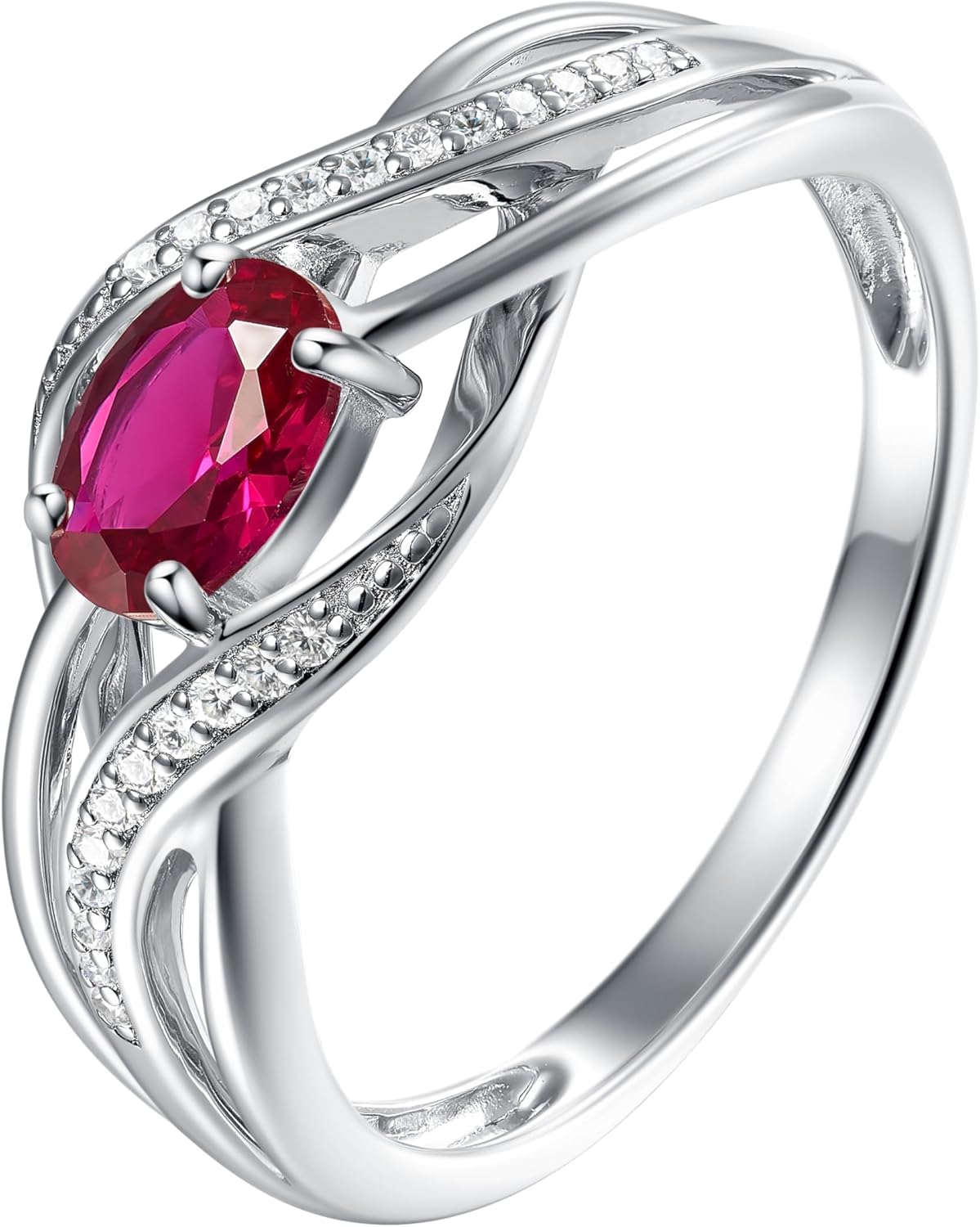 Oval Cut Gemstone Birthstone Interwoven Promise Ring in 925 Sterling Silver | Birthstone Jewelry for Woman, Elegant Jewelry for Women, Birthday Rings, Size 6-8 (Created Ruby, 6)