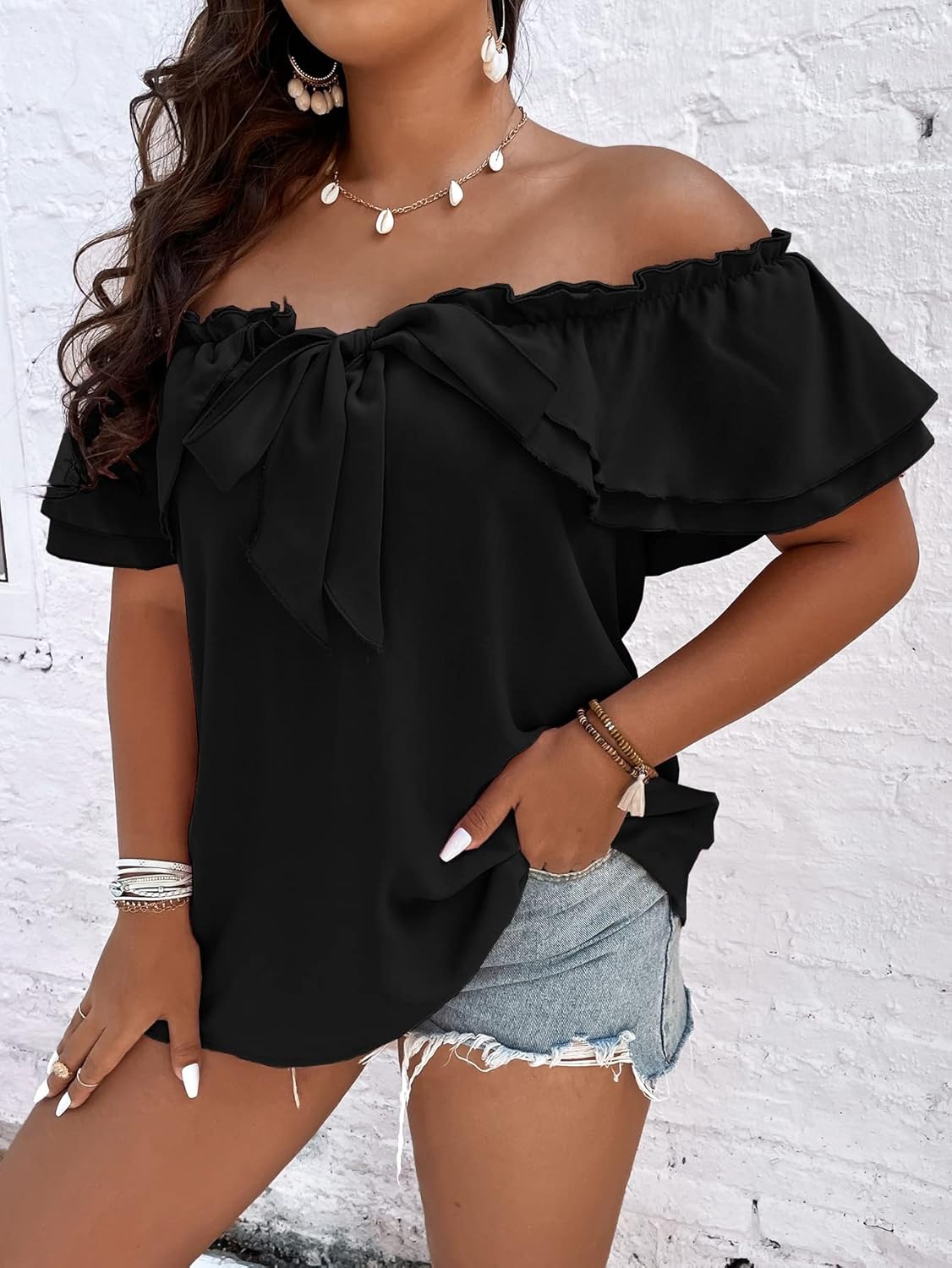 MakeMeChic Women's Plus Size Off Shoulder Top Tie Front Layered Ruffle Short Sleeve Blouse Top - Image 3