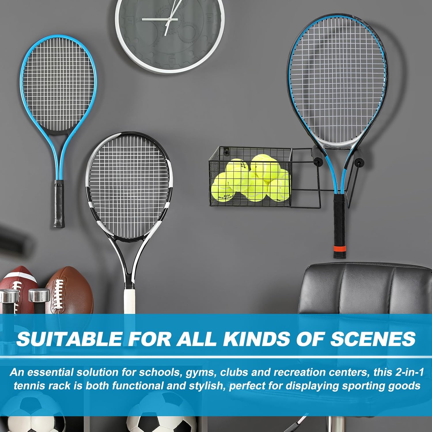 Zonon Hanging Metal Tennis Racquet and Ball Storage Basket Wall Mounted Table Tennis Paddle Badminton Racket Holder Balls Equipment Organizer Rack with Hardware, 15.5 x 8.5 x 5 Inch, Black