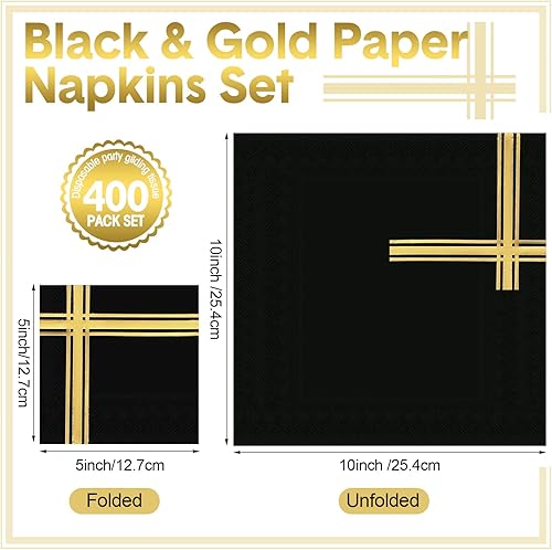 Miniatura 8 de 400 servilletas doradas de 3 capas plegadas de 5 x 5 pulgadas, servilletas de barra de papel de aluminio dorado a rayas, desechables, servilletas de