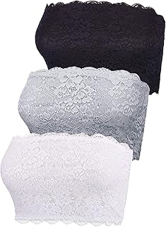 3Pcs Lady Floral Lace Stretchy Strapless See Through Bandeau Tube Top Mock Camisole Bra Insert Overlay Modesty Panel Vest