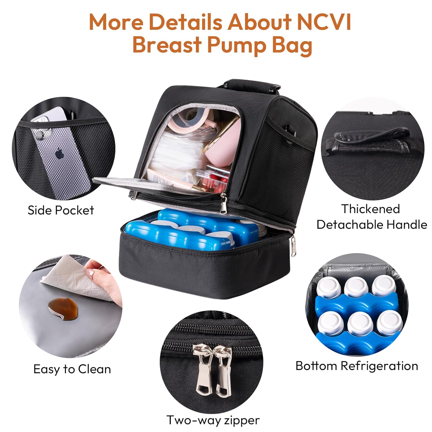 NCVI Breast Pump Bag, Double Layer Removable Pump Bag for Spectra S1, S2, Medela, Breast Pump Backpack with Ice Pack, Insulated Breast Milk Cooler Bag for Working Nursing Moms, Black - Image 7