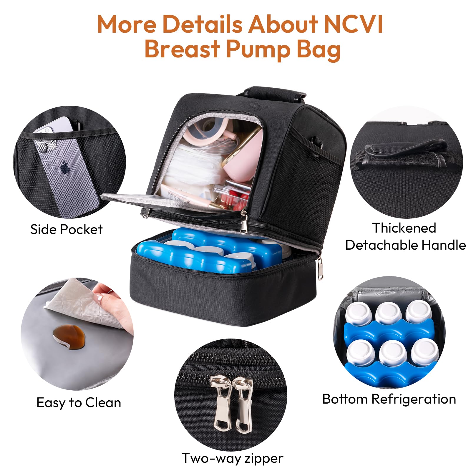 NCVI Tire-lait sac à dos compatible avec Spectra S1, S2, Medela, sac à lait maternel double couche séparable avec glacière, sac à langer multifonction pour le travail, les soins infirmiers en plein