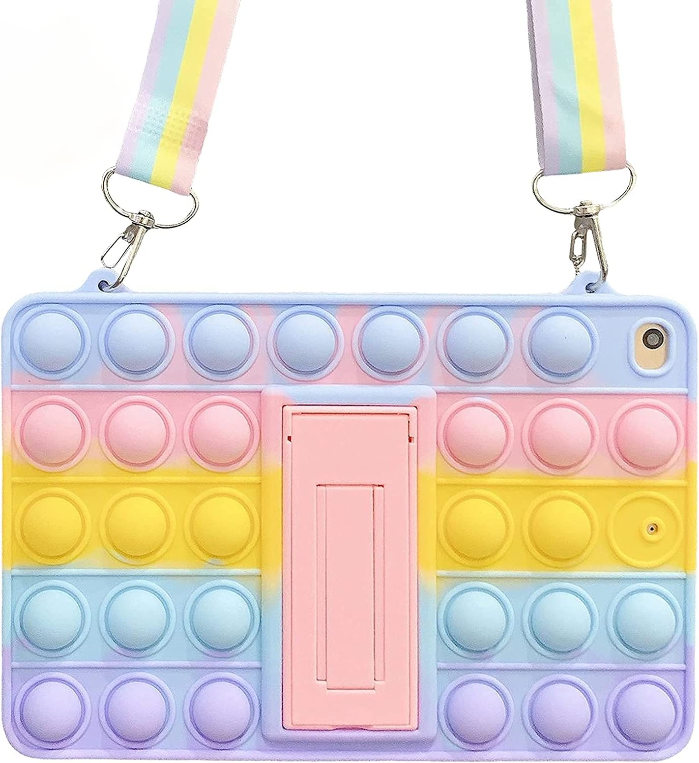for iPad 7th Gen./New iPad 8th Gen. 10.2 inch 2019/2020 Case, Cute Bubble Fidget Reliver Stress Toys Case for Kids Silicone Antistress Protective Cover with Fold Kickstand + Neck Lanyard - Rainbow