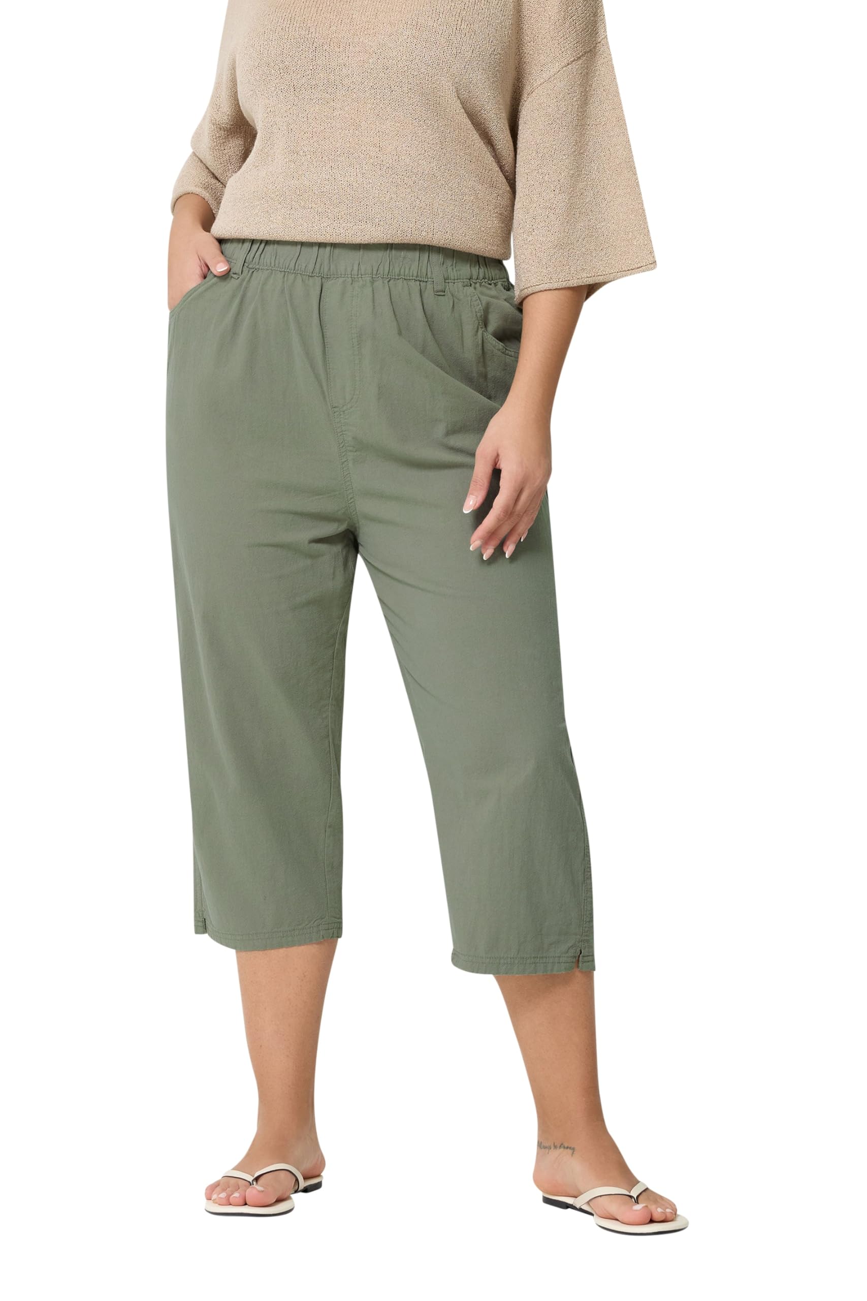 Yours Women's Light Khaki Cropped Cotton Trousers In | : 34/36