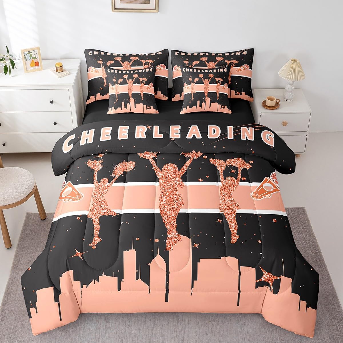 Teen Girls Queen Comforter Set 7 Pieces Cheerleader Bedding Comforter Sets, Glitter Stars Bed in a Bag Pink Cheerleader Bedding Set, Black Red Bed Sheets Set Girly Sequins Print Decor Lightweight