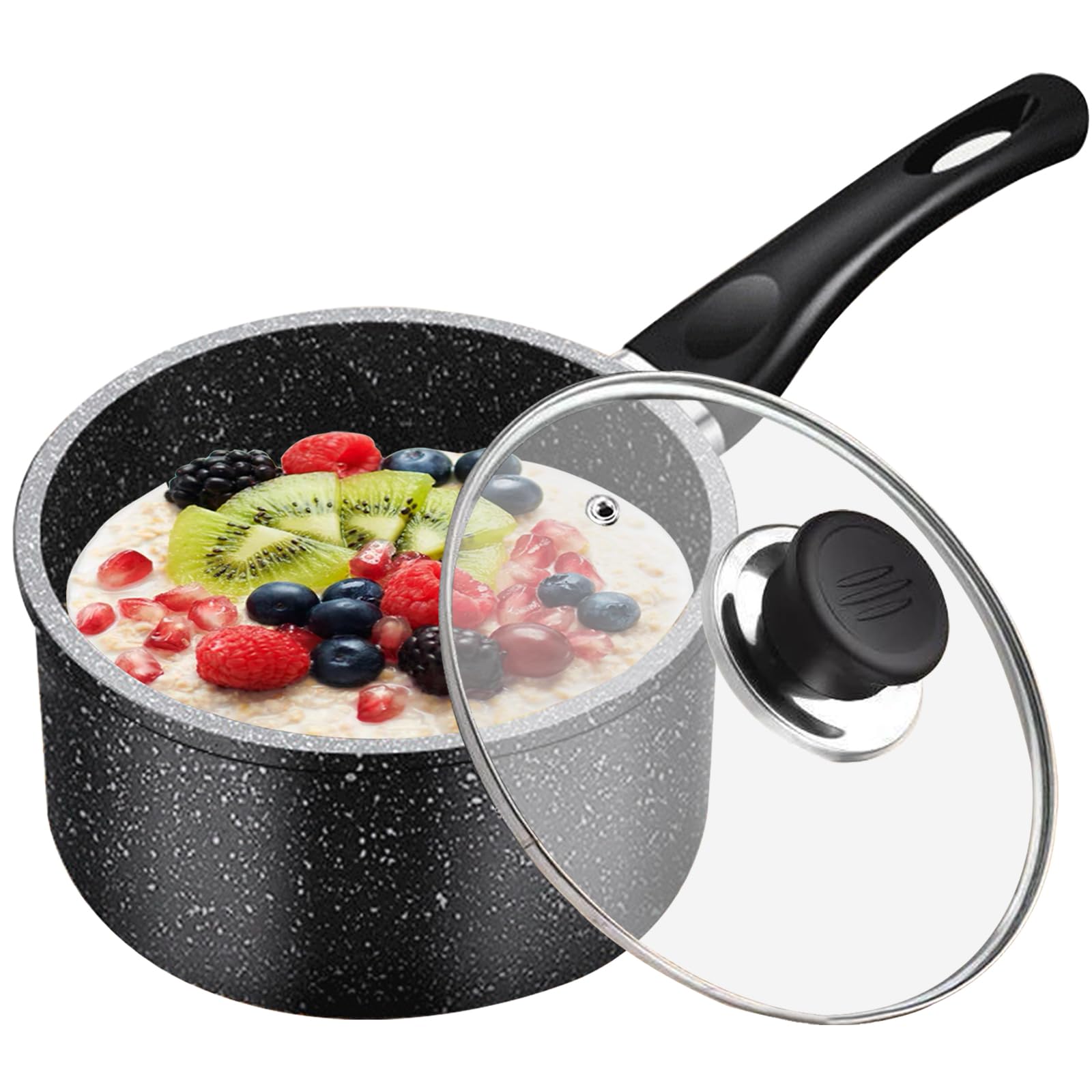 MeYuxg Olla para Leche Con Tapa, Cacerola de 18 Cm, Cacerola de Inducción de 2 L Antiadherente, con Mango Extraíble para todo Tipo de Cocinas, Universal para Cocinas de Inducción y de Gas(Negro)