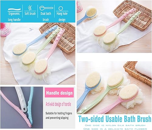 Miniatura 3 de AARainbow Paquete de 2 cepillos de ducha con cerdas y lufa, esponja de malla con mango largo curvado para baño exfoliante de piel, cerdas de masaje