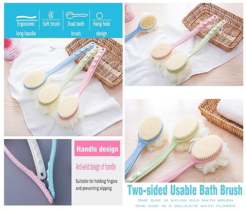 Miniatura 3 de AARainbow 2 Packs Shower Body Brush with Bristles and Loofah, Back Scrubber Mesh Sponge with Curved Long Handle for Skin Exfoliating Bath, Massage