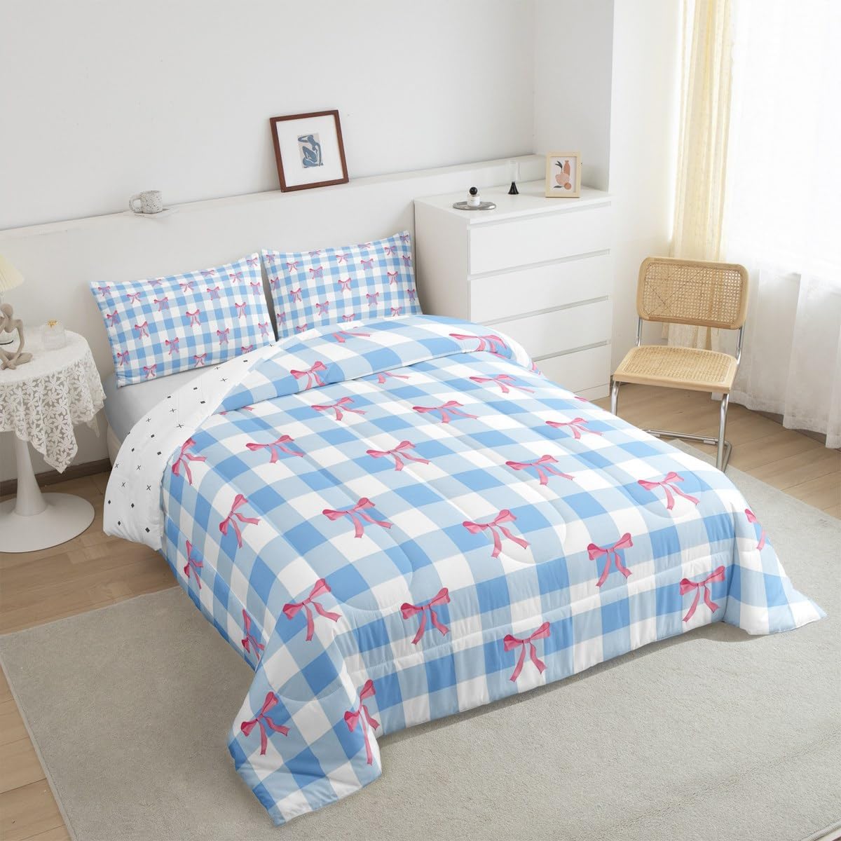 Castle Fairy Girly Bowknot Kids Comforter Set Toddler Size,Pink Bow Tie Princess Style Reversible Quilt Set for Boys Bedroom Decor,Blue White Checkered Duvet Insert,1 Pillowcase
