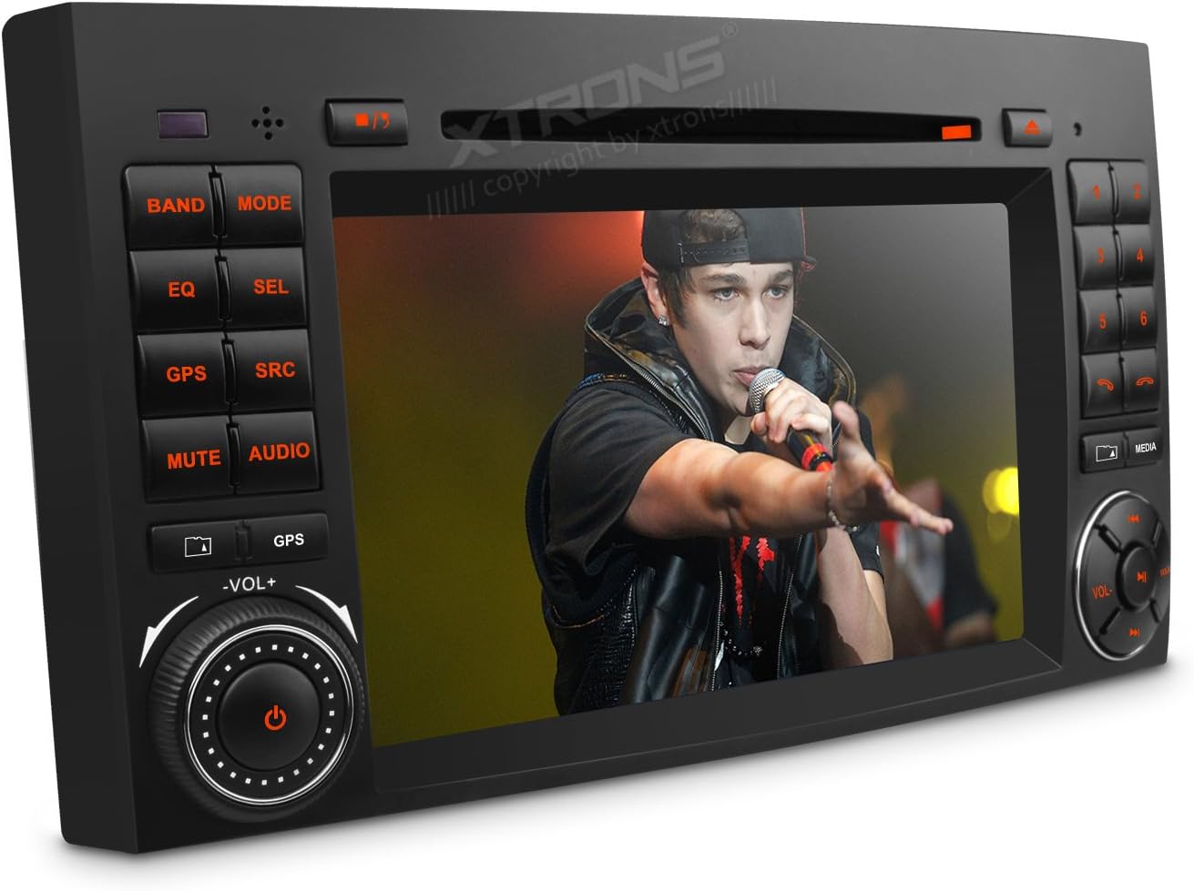 Front view of the XTRONS 7 Inch Car Stereo with a screen displaying a video, showing its sleek design and button layout.