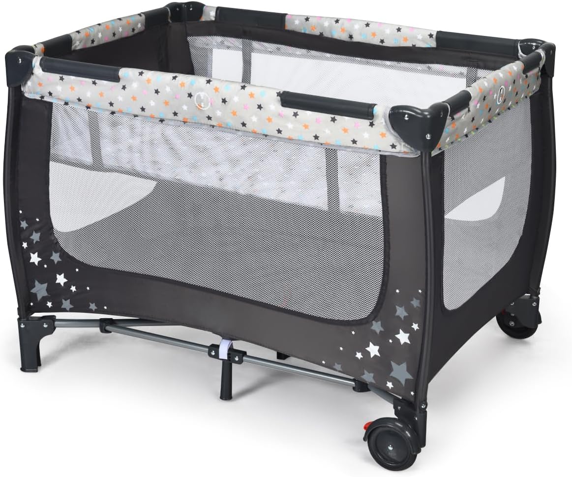 HONEY JOY Pack and Play, Foldable Baby Playard with Bassinet, Lightweight Installation-Free Travel Baby Crib from Newborn to Toddlers, Portable Nursery Center w/Lockable Wheels & Carry Bag(Gray)