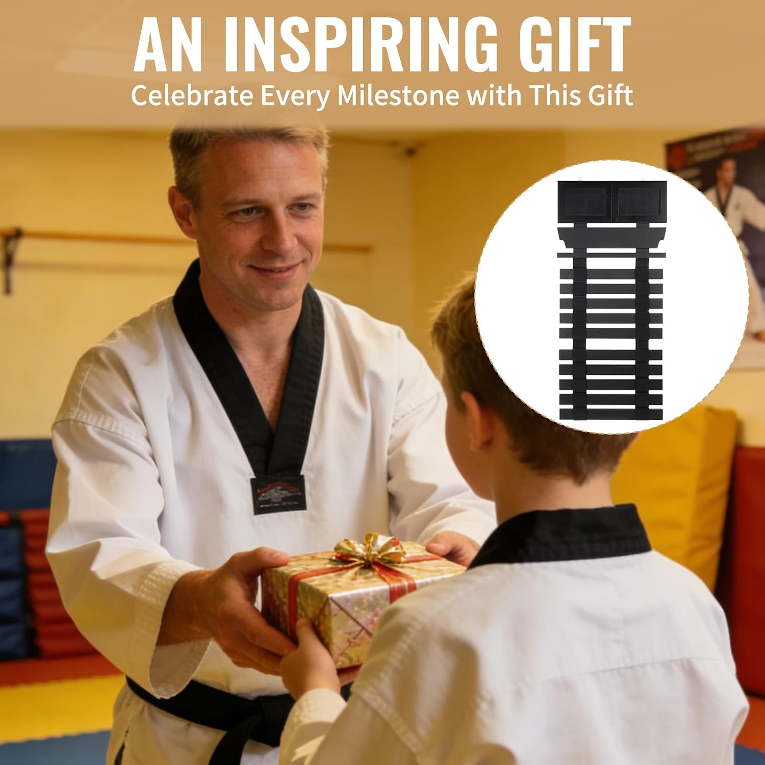 Karate Belt Display Rack with Picture Frames - Elastic Strap Design Holds 10 Belts, Medal Hanger Wall Mount with Customizable Stickers, Wood Martial Arts Belt Organizer for Taekwondo & Kung Fu