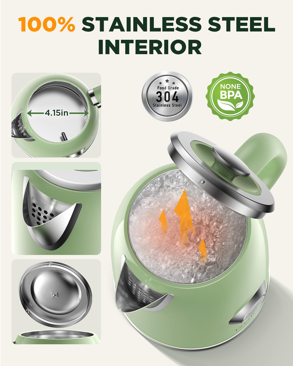 Electric Kettle 1.8L with Temperature Gauge, 1500W Fast Boiling Electric Tea Kettle, 100% Stainless Steel Retro-Style Hot Water Kettle Electric - Glowing LED Light, Auto Shut-Off & Boil-Dry Protection