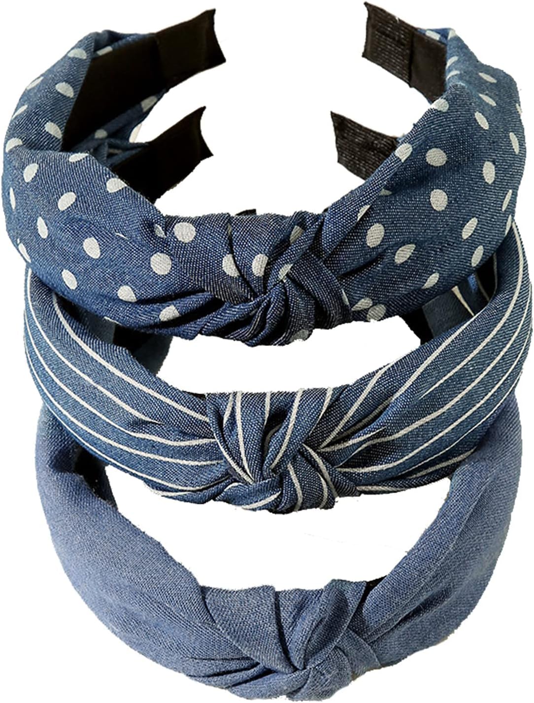 LvyeerDenim Knotted headbands for Women Wide Knot Headband for Women Polka Dot Striped Blue Fashion Hairband Women and Girls Cute Hair Accessory (3 Pcs A)