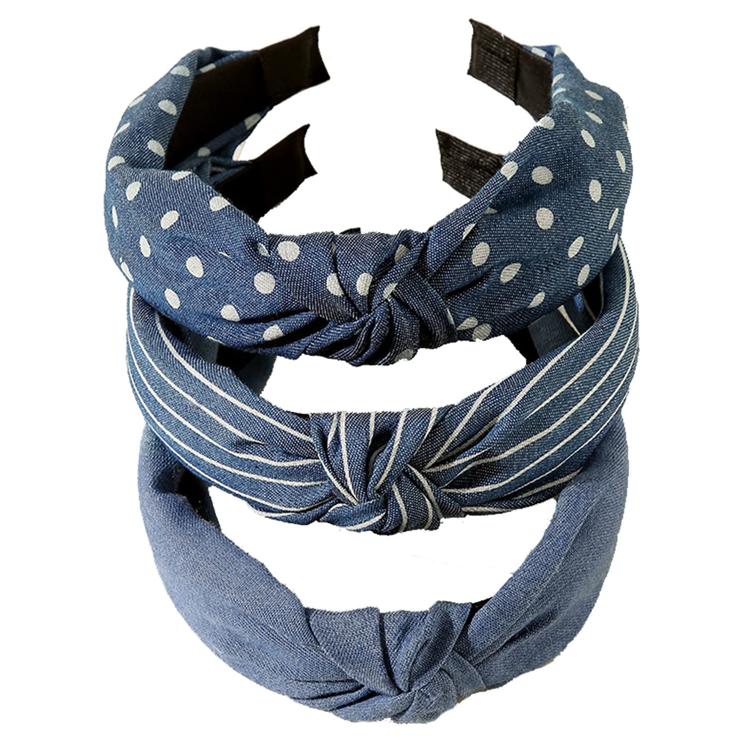 LvyeerDenim Knotted headbands for Women Wide Knot Headband for Women Polka Dot Striped Blue Fashion Hairband Women and Girls Cute Hair Accessory (3 Pcs A)