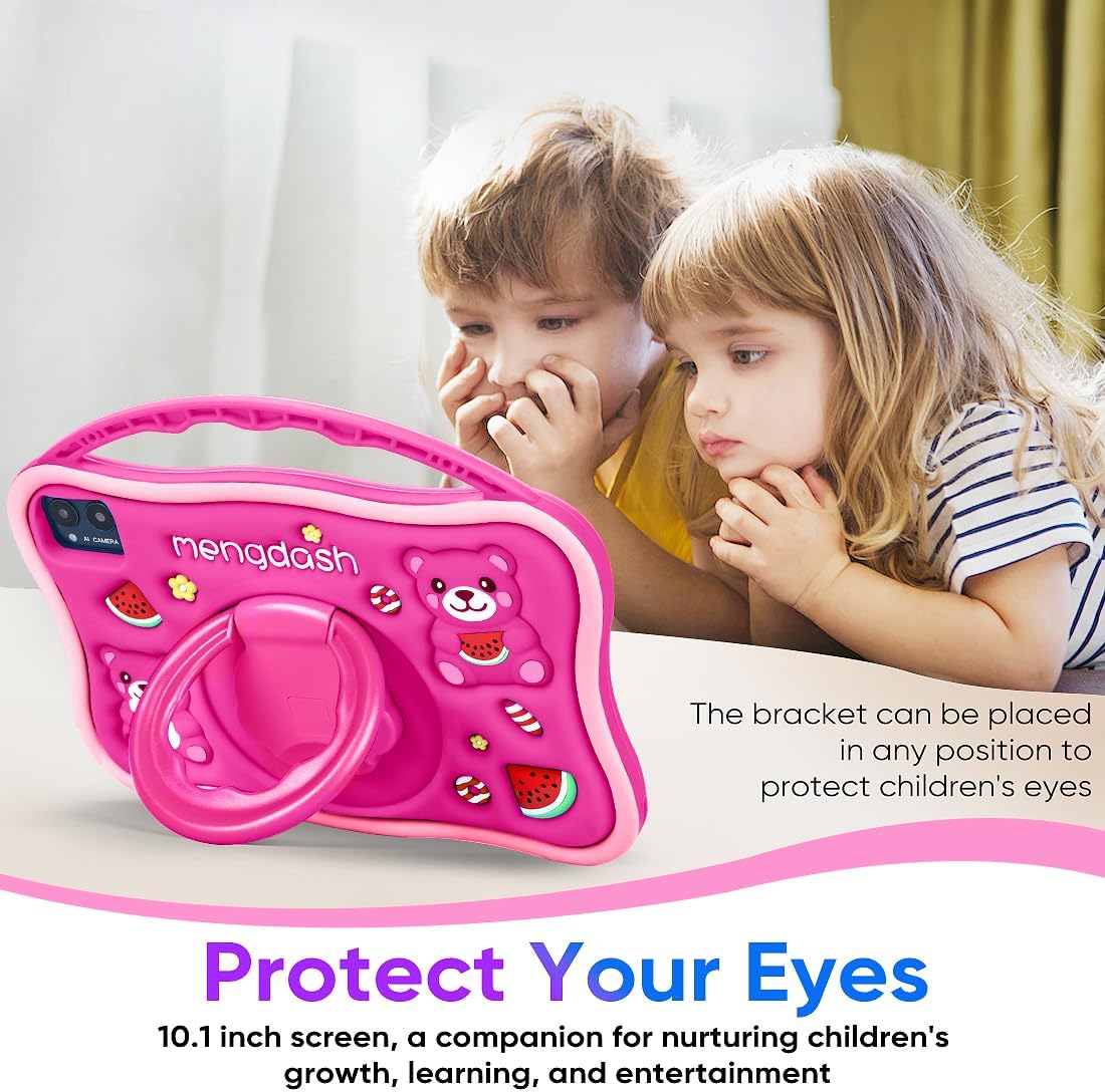 MengDash Kids Tablet, Android 10.1 inch Tablet for Kids 3-10, Educational Learning Toddler Tablet Android 14, 8（4+4） GB RAM+64GB ROM Storage, 5G WiFi, Baby Girl boy Present (Red)
