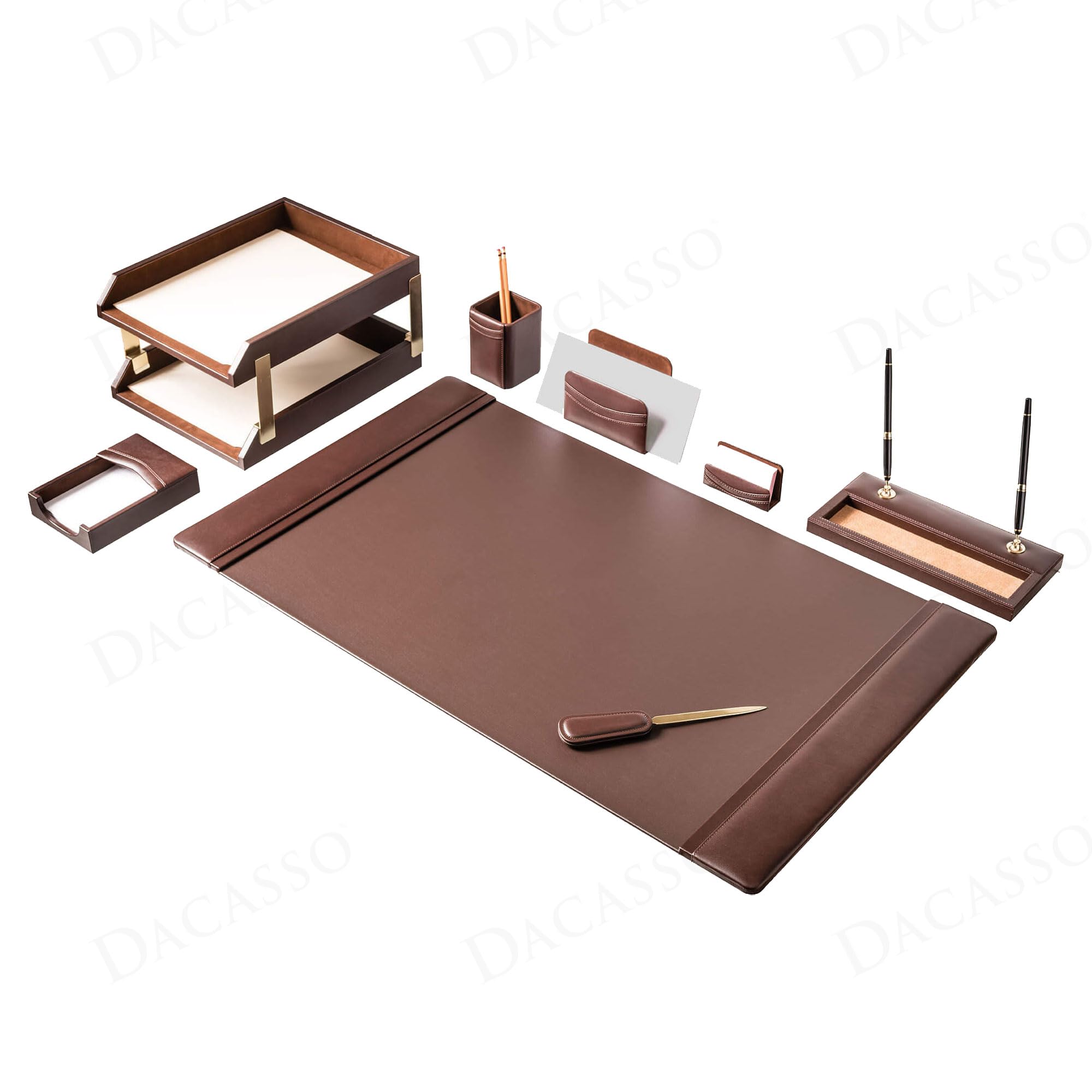 Dacasso Set di accessori da scrivania in pelle marrone cioccolato, 10 pezzi, decorazione da scrivania, 86,4 x 50,8 cm, tappetino in pelle e elementi essenziali per l'organizzazione della scrivania
