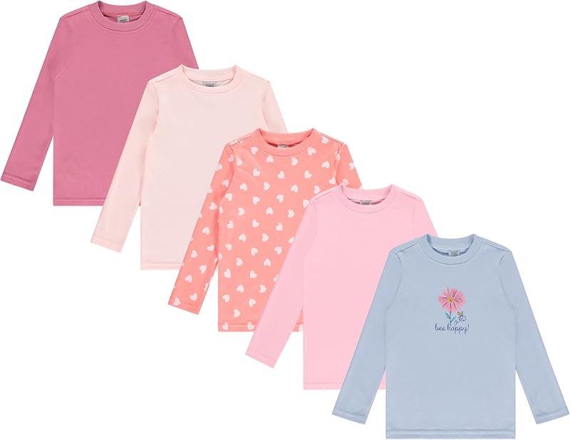 Cudlie 5-Pack Infant/Toddler Girl Long Sleeve Shirt - Basic Baby Tees, Blouses, Tops - Solid Print & Ruffled Tshirts