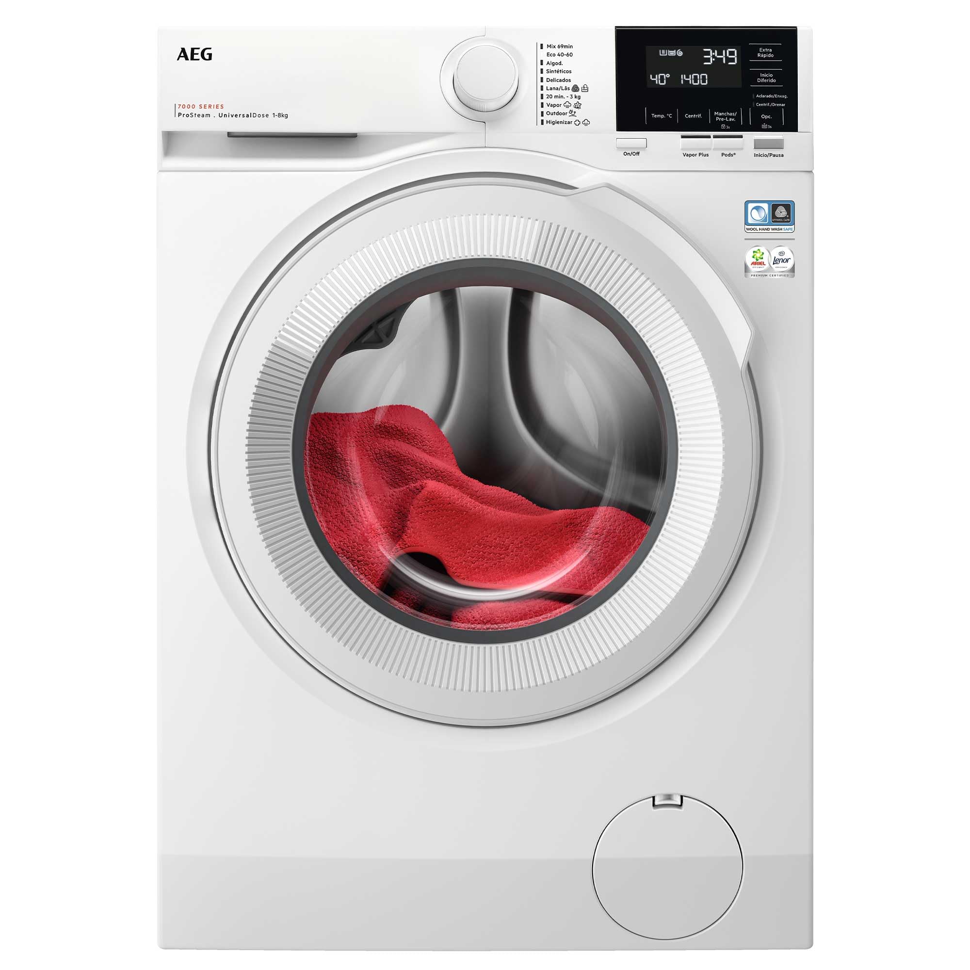 AEG LFR7184N2V, Lavadora de Carga Frontal 8 Kg, 1400 rpm, Libre Instalación, Función Vapor, Lavado Rápido, Cajón Universal, Motor Inverter, Display LCD/LED, Serie 7000, Blanca, Clase A