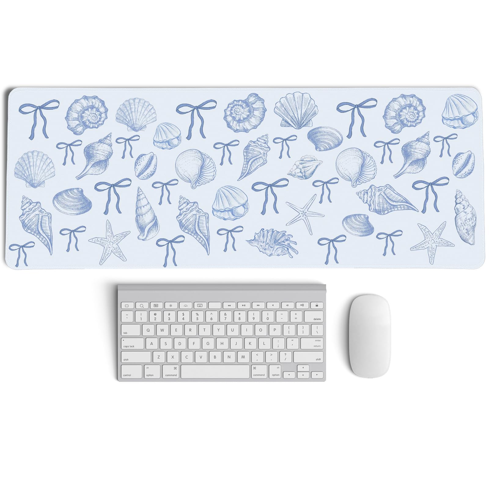 PaJiaNi Blue And White Seashell Bow Mouse Pad,Coastal Beach Mouse Pad,XL Large Ocean Beach Seashell Desk Mat,Girly Vintage Summer Beachy Gaming Pads,