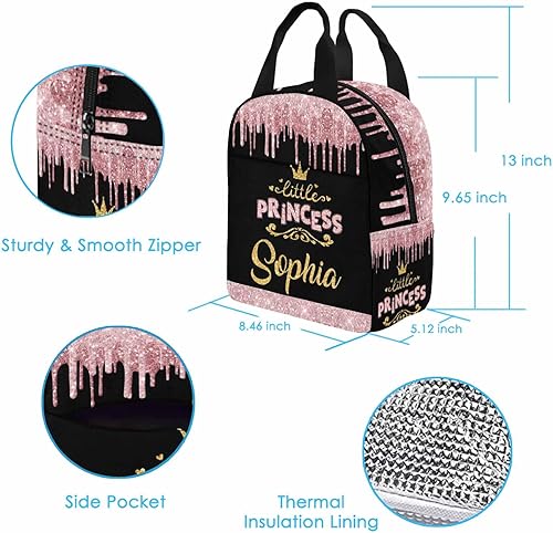 Miniatura 4 de Lonchera personalizada para niños con nombre de princesa rosa brillante personalizada aislada con 2 bolsillos, bonita lonchera para niños y niñas,