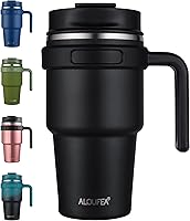 ALOUFEA 20oz Insulated Coffee Mug Tumbler with Handle & Straw Lid - Leak-Proof Stainless Steel Travel Cup, Keeps Hot/Cold, Cup Holder Friendly, Black